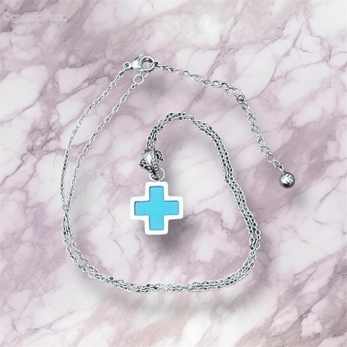Stainless Steel Turquoise Greek Cross Necklace
