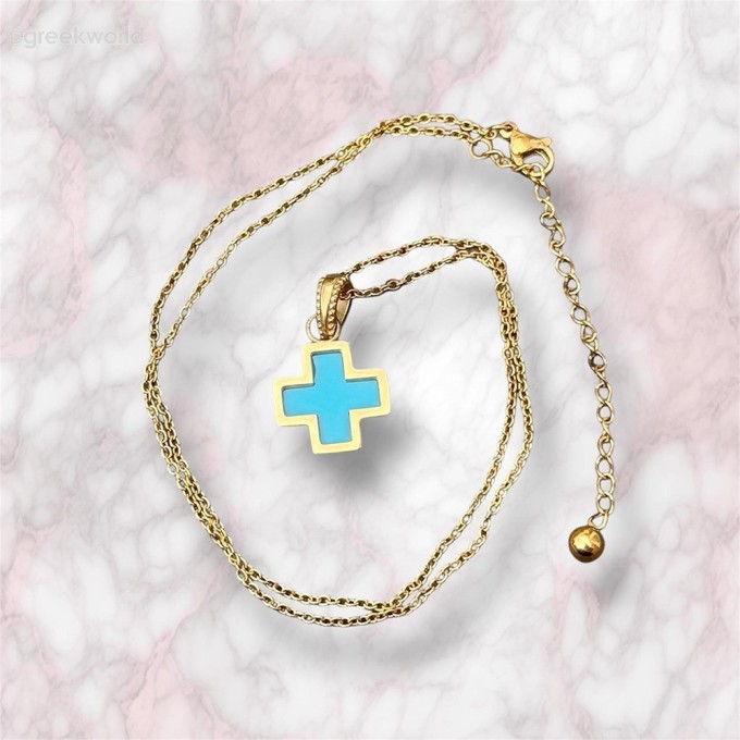 Gold Plated Stainless Steel Turquoise Greek Cross Necklace