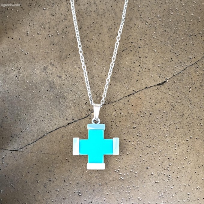 Turquoise Blue Greek Cross Necklace (Stainless Steel)