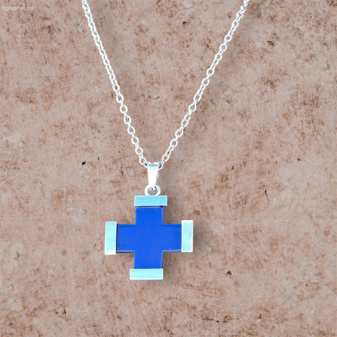 Dark Blue Greek Cross Necklace (Stainless Steel)