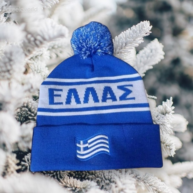Embroidered Flag Blue and White Pom Pom Knit Ellas Beanie Hat