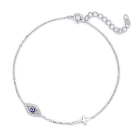 925 Sterling Silver Rhodium-Plated Bracelet with Blue Evil Eye & Cross Charm
