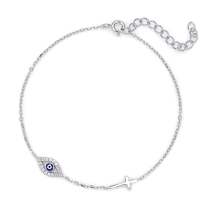 925 Sterling Silver Rhodium-Plated Bracelet with Blue Evil Eye & Cross Charm