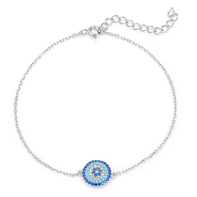 925 Sterling Silver Rhodium-Plated Bracelet with Blue Opal Evil Eye Disc & White Zircon Accents