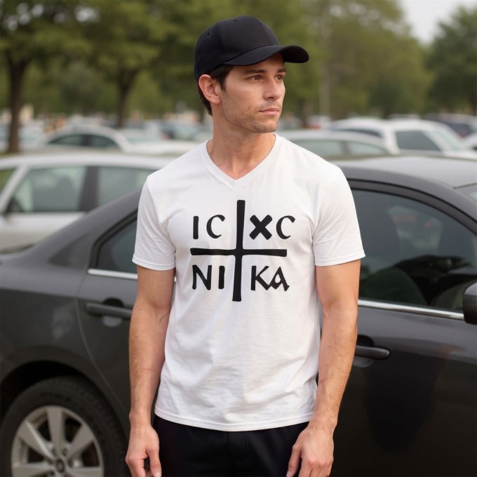 IC XC NIKA Orthodox Cross V-Neck White Tee