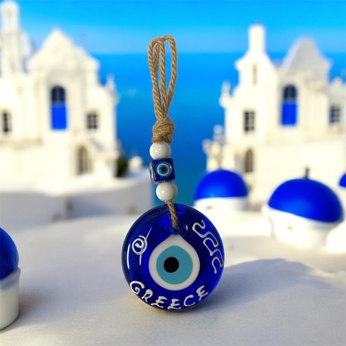 Greece Evil Eye Wall Charm with Rope - Handcrafted Blue Glass Protection Ornament