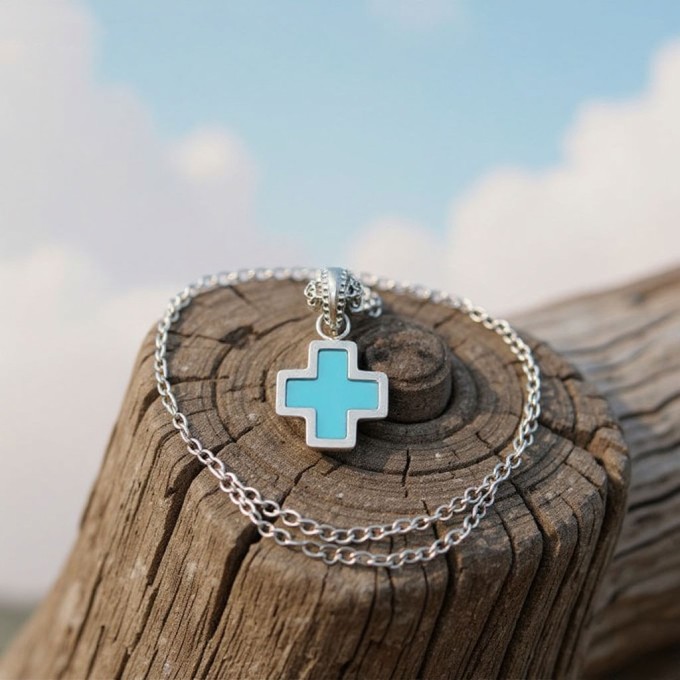 Stainless Steel Turquoise Greek Cross Necklace