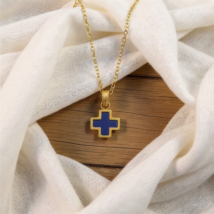 Gold-Plated Stainless Steel Dark Blue Greek Cross Necklace
