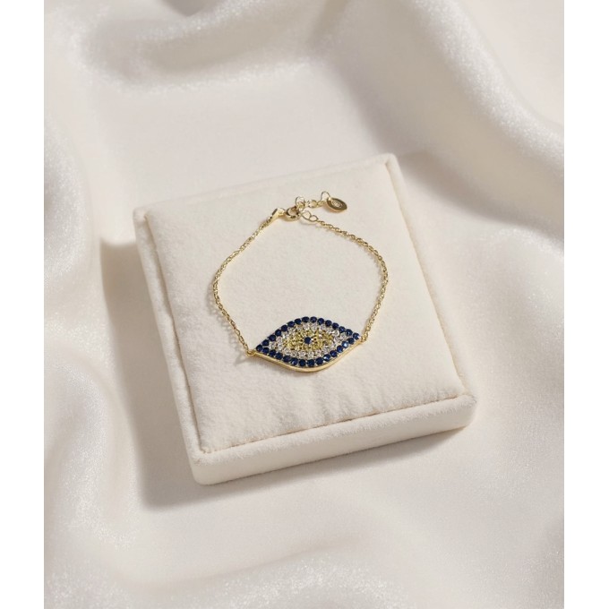 Gold-Dipped .925 Sterling Silver Evil Eye Bracelet - Marquise Blue & White Crystal Charm