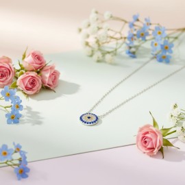 Sterling .925 Silver Evil Eye Pendant Necklace with Blue Accents