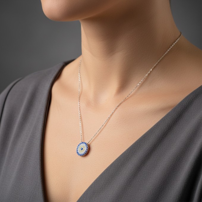 Sterling .925 Silver Evil Eye Pendant Necklace with Blue Accents