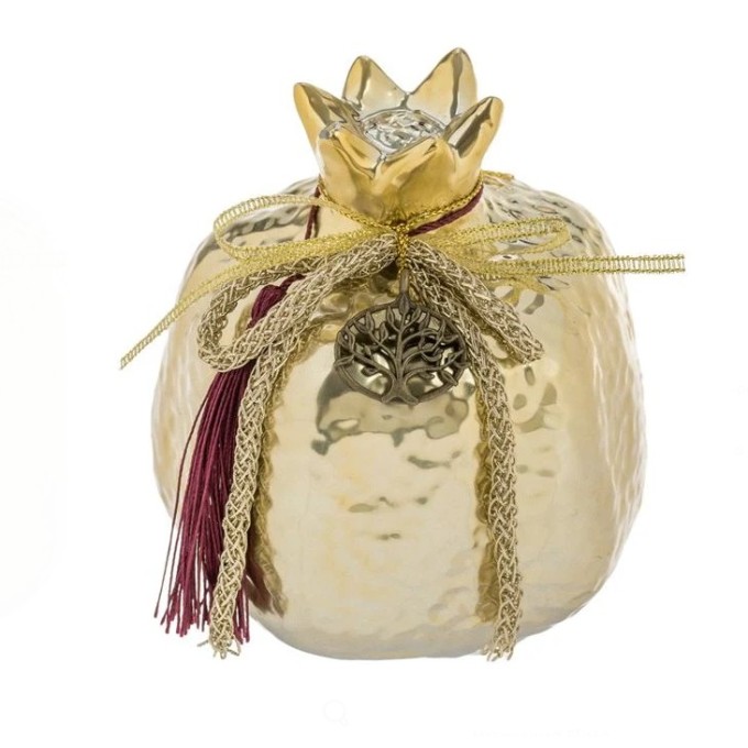 Christmas Decorative Pomegranate | Gold Hammered Ceramic with Tassel & Tree of Life